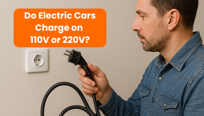 Man holding an electric car charging plug while looking at a wall outlet, with text asking, "Do Electric Cars Charge on 110V or 220V?"