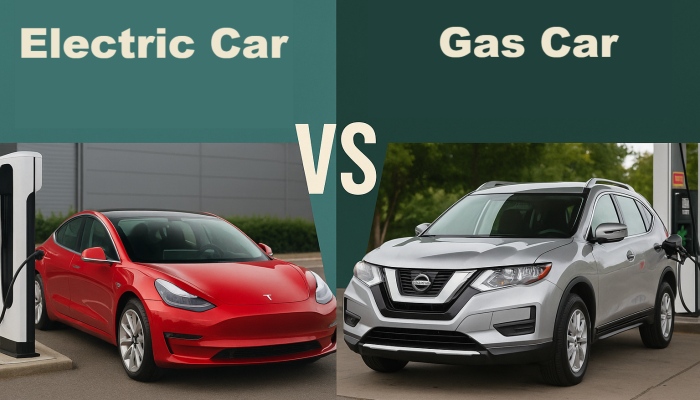 A side-by-side comparison image with a red Tesla electric car on the left connected to a charging station, labeled "Electric Car," and a silver Nissan gas car on the right at a fuel pump, labeled "Gas Car," with "VS" in the center.