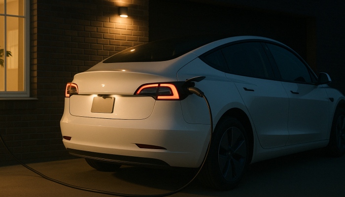 White electric vehicle charging overnight at home using a wall-mounted EV charger.
