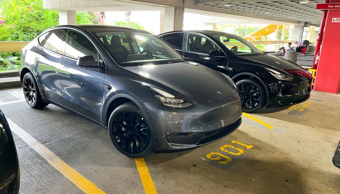 Several electric cars, including a dark gray model, parked in a designated EV parking area inside a multi-level parking garage.