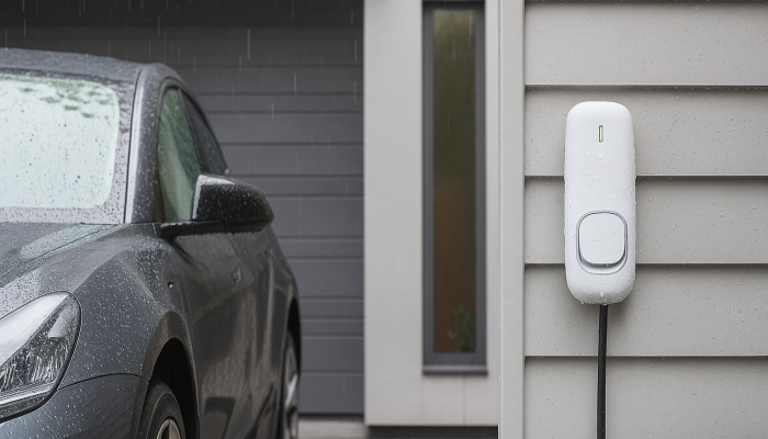 Bộ sạc EV Wissenergy CC30 được lắp trên tường, trên bề mặt có những giọt mưa, bên cạnh một chiếc xe điện đang đỗ trong lối đi riêng của một khu dân cư.