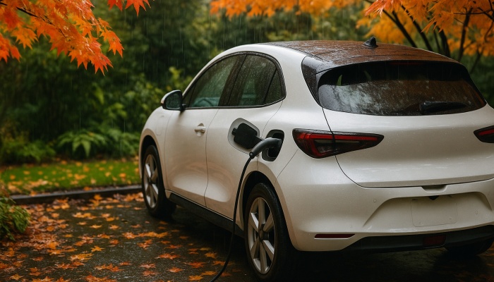 An electric car charging in the rain, parked on a driveway surrounded by autumn leaves with trees in the background.